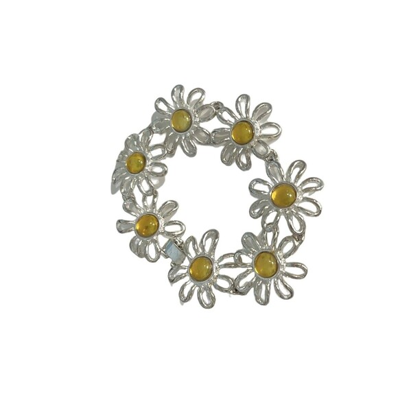 Silver Tone Bracelet Floral Daisy 8" Yellow Fashion Jewelry Chunky Spring Summer - Picture 1 of 9